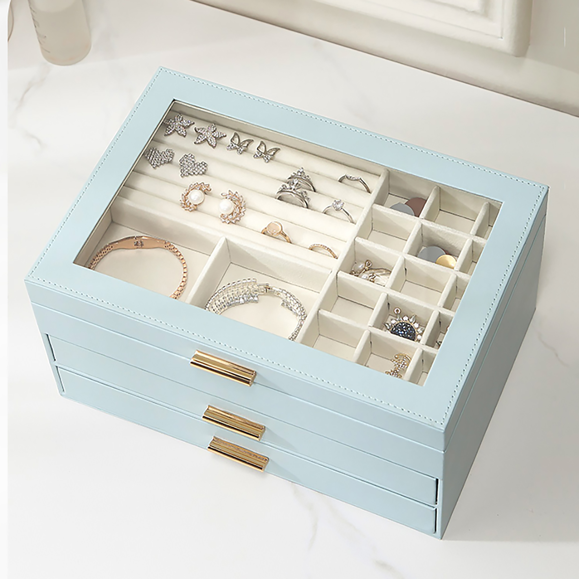 Aosifiel Jewelry Box 3-Layer for Women Teen Girls Jewelry Organizers with Clear Acrylic Lid Jewelry Storage Box Large Capacity Big Jewelry Case